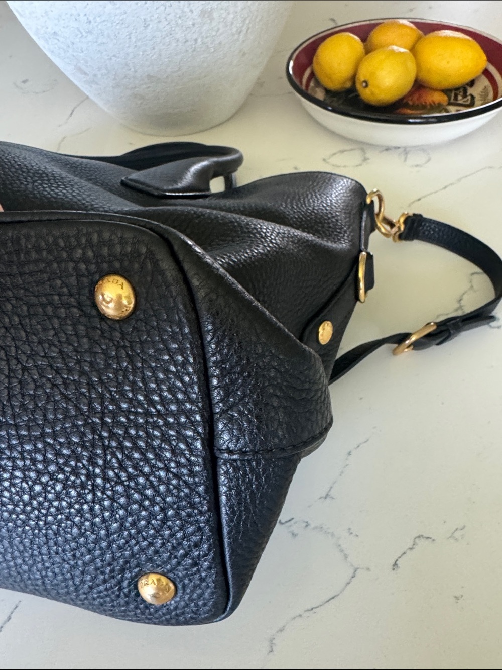 Prada Black Pebbled Leather Satchel with Gold Logo and Strap - Picture 7 of 14
